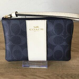 Coach Corner Zip Wristlet Signature Canvas w/Blue Denim and White Stripe Design
